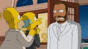 Nachdem Mr. Burns (M.) sich von einem Musikmogul (r.) hat bescheißen lassen und Bankrott ist, bleibt ihm nichts anderes übrig, als Homer (l.) um Hilfe zu bitten ...
