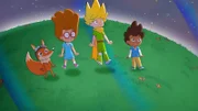 Der kleine Prinz, der Fuchs und die Kinder sind überrascht, wie laut die Stimme das schwarzen Lochs ist.