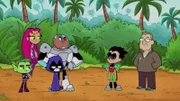 v.li.: Beast Boy, Starfire, Raven, Cyborg, Robin, Albert