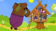 Der Hase und der Bär stehen vor dem Haus der Füchsin.
