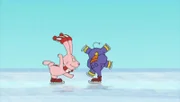 Hase und Elefant fahren Schlittschuh.