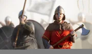 Matt (als Wikinger, l.) und Cameron als junger König Cnut bei der Vorbereitung auf die Schlacht.