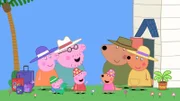 Mama, George, Papa und Peppa Wutz (v.l.n.r) fliegen nach Australien, wo sie ihre Freundin Katinka Känguru (r.) und dessen Familie besuchen.