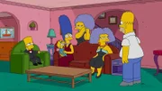 Als die Schwestern seiner Frau Marge (3.v.l.) Patty (3.v.r.) und Selma (2.v.r.) zu Besuch kommen, ist Homer (r.), im Gegensatz zu Bart (l.) und Maggie (2.v.l.), nur wenig begeistert. Er hatte für den Abend eigentlich andere Pläne ...