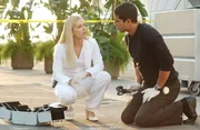 Calleigh Duquesne (Emily Procter) und Eric Delko (Adam Rodriguez) finden in einer Seitenstra&szlig;e neben der Neuron Lounge, vor der der Tote Richard Laken gefunden wurde, Spuren von Kunststein, der sehr selten ist.