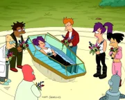 v.li.: Professor Farnsworth, Hermes, Zoidberg, Leela, Fry, Robot Leela, Bender, Amy
