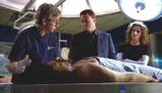 Neben einer männlichen Leiche haben Ermittler wertvolle antike Münzen gefunden. Dr. Hammerback (Robert Joy, l.) erklärt den beiden Detectives Taylor (Gary Sinise) und Bonasera (Melina Kanakaredes), dass der Mann unter ähnlichen Umständen umkam wie ein Opfer, das Monate zuvor umgebracht worden war.