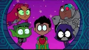 v.li.: Starfire, Beast Boy, Robin, Raven, Cyborg