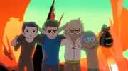 Tobie (2. v. re.) und seine Freunde Mondkopf (re.), Leo (2. v. li.) und Elisha (li.) haben ihren Freund Leo aus den Flammen gerettet.