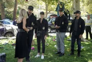 L-R: Sheba Nicholas (Tara Holt), McGee (Sean Murray), Ellie Bishop (Emily Wickersham), Leroy Jethro Gibbs (Mark Harmon), Nick Torres (Wilmer Valderrama).