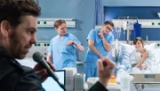 Sven Höppner (Andreas Nickl, l.) singt einen Elvissong für die Herzpatientin Alice (Julia Schäfle, r.). Dr. Marc Lindner (Christian Beermann, 2.v.l.) und Elias Bähr (Stefan Ruppe, 2.v.r.) steigen mit ein.