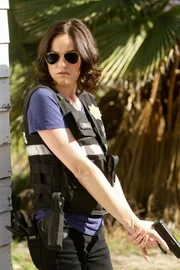 Mit gezogener Waffe nähert sich Sara (Jorja Fox) dem alten Haus, in dem die Ermittler Moores Sohn Trent und dessen Schwester Holly vermuten.