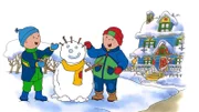 Caillou (li.) und sein freund bauen einen Schneemann. Beide freuen sich schon auf Weihnachten.