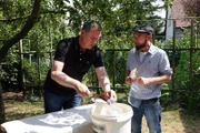 Alexander Herrmann und Ralph Hayndl füllen Pilzbrut-Kaffeesatzmischung ab. Eine ungewöhliche Pilzzucht betreibt Ralph in Nürnberg. Er zieht Austernpilze aus dem Kaffeesatz. Da gibt es Zitronenseitlinge, Florida-Austernpilze oder solche mit blauen Kappen. Alter Kaffeesatz, eine Handvoll Pilzsubstrat – fertig ist die Schwammerlbox, die man sich nach Hause bestellen kann.
