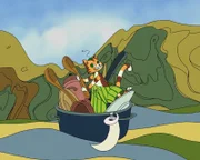 Findus geht auf große Fahrt im Teppichmeer. Er will Pettersson mit seinen Angelkünsten beeindrucken.