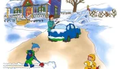 Caillou (li.) und seine Mami beseitigen die Schneemasssen in der Einfahrt. Auch Caillous Rosie (re.) macht sich nützlich.