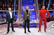 Moderator Jörg Pilawa (r.) mit den Kandidaten des Teams "Rhythmus": Joachim Llambi (l.) und Jorge Gonzales (r.), beide Juroren bei "Let's dance!