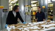 Der Archäologe Dr. Jörg Orschiedt (l.) zeigt Mirko Drotschmann (r.) untersuchte Schädel und Knochen aus den Schachtgruben des Heiligtums in Pömmelte.