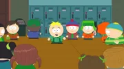 Hinter: Butters (4.v.l.), Stan (4.v.r.), Kyle (3.v.r.), Kenny (2.v.r.), Eric (r.)