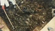Die Männer der Spurensicherung stehen mit Gummistiefeln in einem Misthaufen, tragen rote Gummihandschuhe. Mit Mistgabeln suchen sie nach der Leiche einer vermissten Frau.