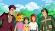 Falko (l.), Bibi (2.v.l.), Alex (m.), Tina (2.v.r.) und Förster Buchfink sehen dank Bibis Wahrheits-Hexerei, dass der weiße Hirsch vom falschen Professor entführt wird.