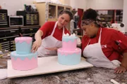 Jess and Liz working on the gender reveal cake.