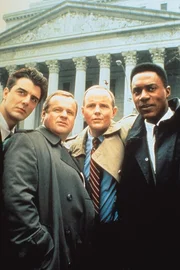 L-R: Mike Logan (Chris Noth), Phil Cerreta (Paul Sorvino), Donald Cragen (Dann Florek), Ben Stone  (Michael Moriarty).
