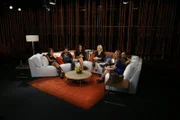Sabrina, Jeremiah, Kate, host Michelle Beadle, Abe and Rebecca react while watching a clip from season 1 of “Breaking Amish.”