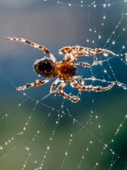 Spider waking up after a dewy and cold night, covered in water droplets on its silky spider web.