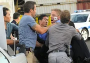 Kämpfen gegen das organisierte Verbrechen Hawaii: Steve (Alex O'Loughlin, 3.v.l.), Danny (Scott Caan, r.) und Chin (Daniel Dae Kim, l.) ...