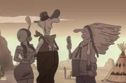 Als Dank für die Rettung seiner Tochter (li.) gewährt der Häuptling (re.) dem heldenhaften Cowboy (Mi.) einen Wunsch.
