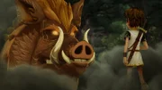 Arthur besänftigt Henwen, das magische Wildschwein.