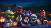 L-R: Master Yoda, Jedi Younglings, Kai Brightstar, Lys Solay, Nubs.