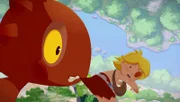Im letzten Moment kann der Dino Tib davor bewahren, in eine tiefe Schlucht zu stürzen.