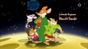 L-R : Thea Stilton (Sarah Edmondson), Benjamin Stilton (Erin Mathews), Geronimo Stilton (Brian Drummond), Trap Stilton (Richard Ian Cox), Pandora (Ghieslaine Guardiola).