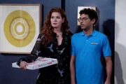 WILL & GRACE -- "With Enemies Like These" Episode 303 -- Pictured: (l-r) Debra Messing as Grace Adler, Karan Soni as Mike -- (Photo by: Chris Haston/NBC)