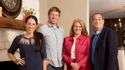 Fixer Upper hosts Chip and Joanna Gaines with homeowners Margie and John Bowman in their new living room, as seen on HGTV's Fixer Upper. (portrait)