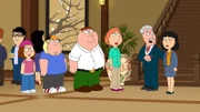 Meg (2.v.l.), Chris (3.v.l.), Peter (M.) und Lois (3.v.r.) sind geschockt, als ihnen klar wird, dass Lois' Vater und Brauereidirektor Carter Pewterschmidt (2.v.r.) tatsächlich seine Frau verlassen haben soll und mit der Enthüllungsreporterin Tricia Takanawa (r.) zusammen sein will ...