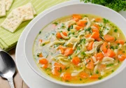 Hearty home made chicken noodle soup with soda crackers.