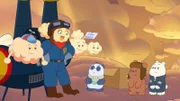 Vorne: Scarlet (2.v.l.), Baby Panda (m.), Baby Grizz (2.v.r.), Baby Ice Bear (r.)