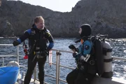 L-R: NOAA's Robert Schwemmer and SEARCH's Dede Marx debriefing after their dive on the wreck of the Winfield Scott.