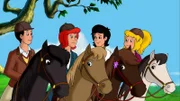 Mikosch (2.v.r.) zeigt seinen Freunden Tina (2.v.l.), Alex (l.) und Bibi (r.), wo die Wildpferde leben.