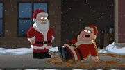 Peter (r.) kostet seine neue Rolle als Weihnachtsmann voll aus und stolpert betrunken umher, doch dann begegnet ihm der echte Weihnachtsmann (l.), der über sein Verhalten sehr verärgert ist und ihn auffordert, die Rolle sofort aufzugeben ...