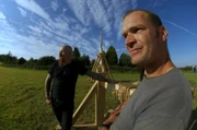L-R: Stuart Prior and Monty Hall with Trebuchet and Mangonel