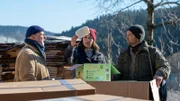 SWR DIE FALLERS - DIE SWR SCHWARZWALDSERIE, FOLGE 1245, "Das ganze Paket", am Sonntag (12.01.25) um 19:15 Uhr im SWR. Riesige Kisten versperren den Weg zum Sägewerk. Keiner hat eine Ahnung was drin ist. Der Inhalt entpuppt sich als eine riesige Lieferung Windeln. v.li.: Toni (Roland Frey), Sophie (Janina Flieger), Niki (Nicki König)