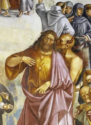 Predigt und Taten des Antichristen, Detail des Antichristen, aus dem Freskenzyklus des Jüngsten Gerichts, 1499-1504, von Luca Signorelli (1441-1450 - 1523), Kapelle San Brizio, rechtes Querschiff der Kathedrale von Orvieto, Orvieto, Umbrien, Italien. Nach dem Restaurierungsprojekt von 1989 bis 1996.