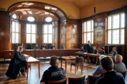 Gerichtsverhandlung: linke Seite: der Abiturient Vincent Wellenbrink (Emil von Schönfels, l.) und dessen Mutter Kathrin Wellenbrink (Stephanie Japp, 2.v.l.). Rechte Seite: Ada (Anna Fischer), Romy (Christina Athenstädt, r.) und ihr Mandant Peter Holländer (Rolf Kanies), Gegen-Anwälting Nayong (Le-Thanh Ho), Busfahrer Dustin Rogge (Lorenz Christian Köhler) und Komparsen.
