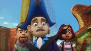 Käpt'n Yogatee, Käpt'n Flint und Käpt'n Säbelrost sind wenig erfreut beim Anblick des fiesen Inspekteurs der Pirate Academy.
