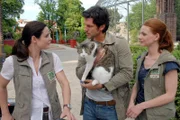 Dr. Tom Berkhoff (Gregory B. Waldis, M.) hat den streunenden Kater erwischt. Dr. Susanne Mertens (Elisabeth Lanz, l.) und ihre Assistentin Anett (Anna Bertheau, r.) sind da durchaus unterschiedlicher Meinung.