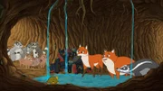 Langsam wird es eng im Bau von Dachs Palle (r.): Fuchs Iwo (2.v.r.), die drei Waschbären Asta, Stine und Cally (l.h.), der Wildschwein-Nachwuchs (l.v.), Schildkröte Törtel (M.) und Füchsin Wendy (3.v.r.) sowie der von ihr mitgebrachte Haufen Schuhe finden zwar noch Platz, doch das eindringende Wasser könnte zum Problem werden. Sie müssen etwas dagegen unternehmen - gemeinsam.
